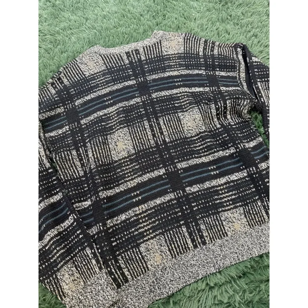 David Taylor VTG Men's Large Plaid Acrylic Knit Sweater Black White Blue Crew
